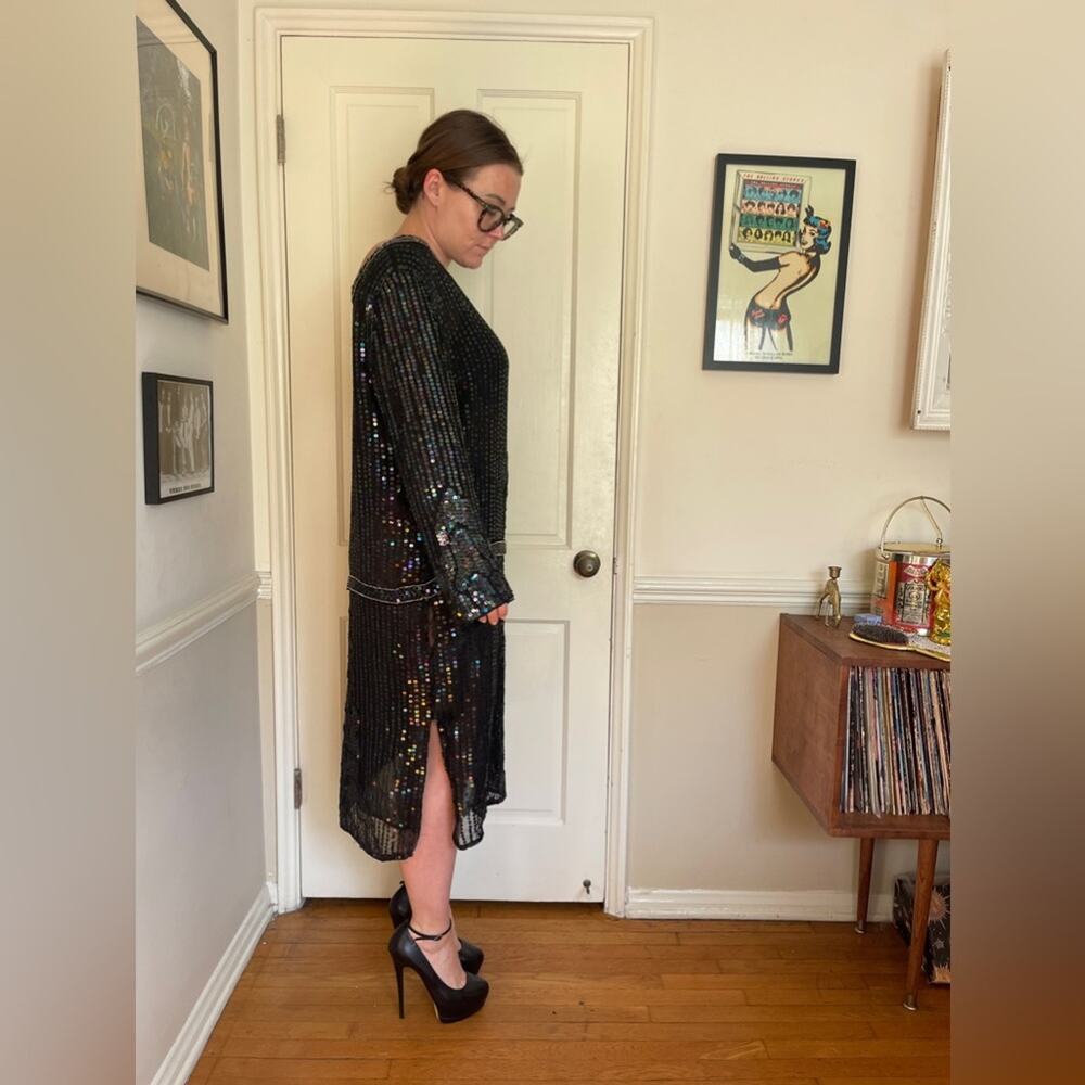 80s Deco Sequined Drop Waist Dress - Picture 2 of 9